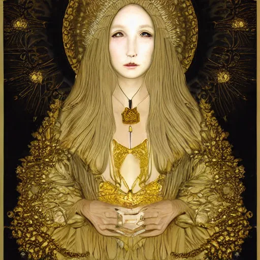 Image similar to a beautiful girl made of ivory and gold, highly intricate, digital art, very detailed, in the style of a weird and dark art noveau flemish painting, foggy