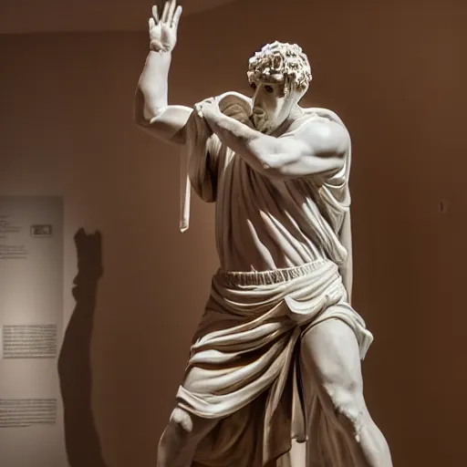 Image similar to a realistic greek white marble statue of adam sandler wearing a ghostly toga getting kicked in the balls, displayed in a museum art gallery, moody, dramatic lighting, dark, photorealistic, cinematic scene, super detailed, hyper realistic, bright lights, 8 k