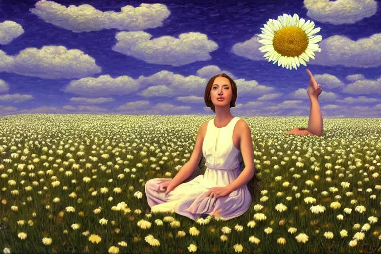 Image similar to giant daisy flower head, woman sitting, surreal, clouds in sky, impressionist painting, digital painting, artstation, rob gonsalves