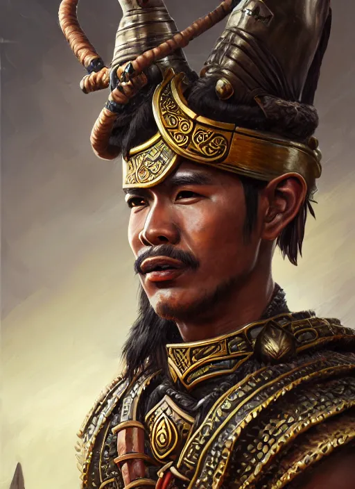 Image similar to smart tai warlord, closeup portrait, historical, ethnic group, sukhothai costume, bronze headset, fantasy, intricate, with leather armor cross onbare chest, elegant, loin cloth, highly detailed, oil painting, artstation, concept art, matte, sharp focus, illustration, hearthstone, art by earl norem