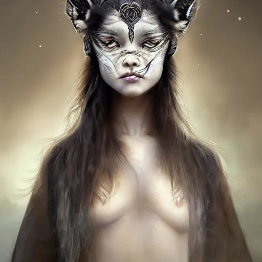 Image similar to A masterpiece portrait of a Incredibly beautiful queer moonchild blind girl with eyeliner . The Queen of the wolves .medium shot, intricate, elegant, highly detailed. trending on artstation, digital art, by Stanley Artgerm Lau, WLOP, Rossdraws, James Jean, Andrei Riabovitchev, Marc Simonetti, Yoshitaka Amano