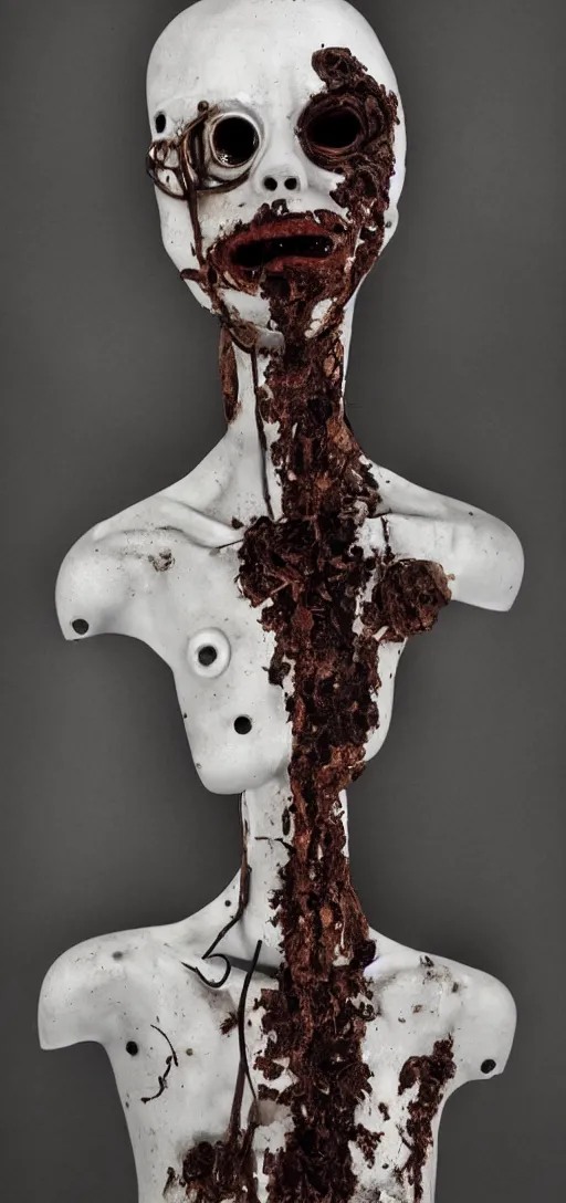 Image similar to creepy white mannequin with black tendrils and rusty pipes, body horror, face, human body, human face, scary, horror, dark, industrial,