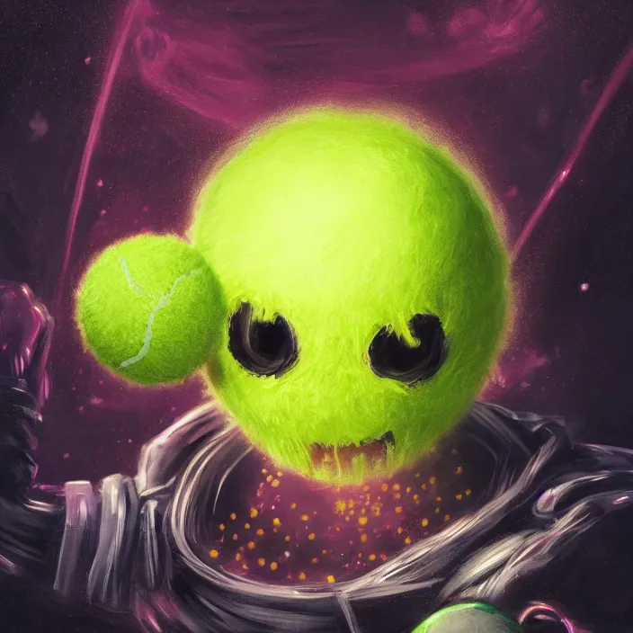 Image similar to cinematic portrait of a cute tennis ball monster in the abyss of space, chalk, masterpiece, trending on artstation, featured on pixiv, cinematic composition, dramatic pose, beautiful lighting, sharp details, hyper - detailed, hd, hdr, 4 k, 8 k, art by basil gogos