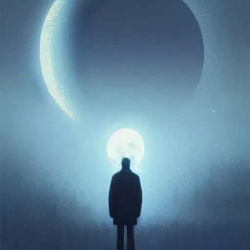 Prompt: 3 d, sci - fi, close - up, winter, moon, cinematic, fog, man esthete with disgust face, moon rays, vogue cover style, poster art, deep blue mood, intricate oil painting, high detail illustration, figurative art, multiple exposure, poster art, by tooth wu and wlop and beeple and greg rutkowski