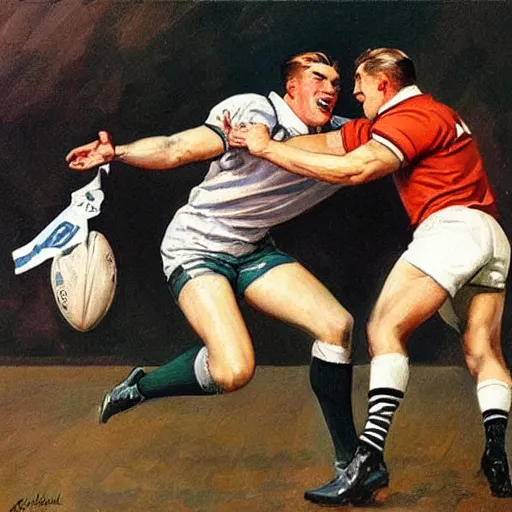 Image similar to 1920s a handsome blonde rugby player tackling a handsome brunette rugby player, rugby ball in the air, full color painting by J.C. Leyendecker