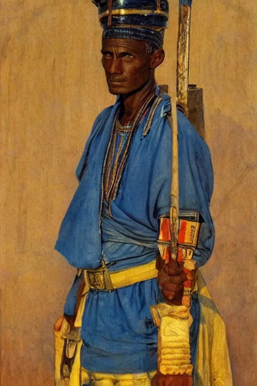 Prompt: a closer hero portrait of a live nubian temple guard with very piercing blue eyes, incredibly charismatic. in old egypt. masterpiece, dramatic light and shadow, saturated colors, ciaroscuro. painted by carl larsson