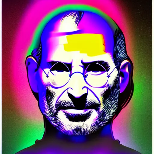 Image similar to steve jobs psychedelic black light poster, artstation