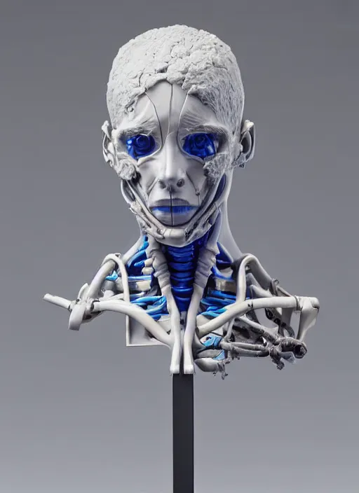 Image similar to a bust sculpture of anatomical detailed cyborg, blue blood ceramic base, orthographic, studio lighting