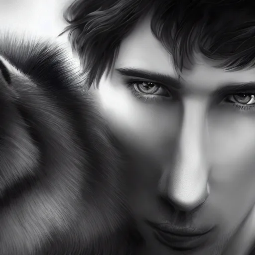 Prompt: fantasy portrait of a beautiful young man with short dark hair and pale skin, smooth, angelic, next to a beautiful large black wolf, in the style of stefan kostic, ultra detailed, intricate, 4 k, trending on artstation