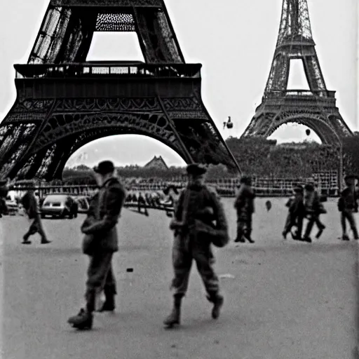 Image similar to Paris in ruins after war, Eiffel Tower destroyed, soldiers walking down the street, 35mm