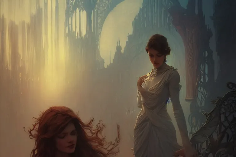 Image similar to fear is the mindkiller, fog, volumetric lighting, intricate, elegant, highly detailed, digital painting, artstation, concept art, smooth, sharp focus, vivd bright color, art nouveau, art by artgerm and greg rutkowski and alphonse mucha