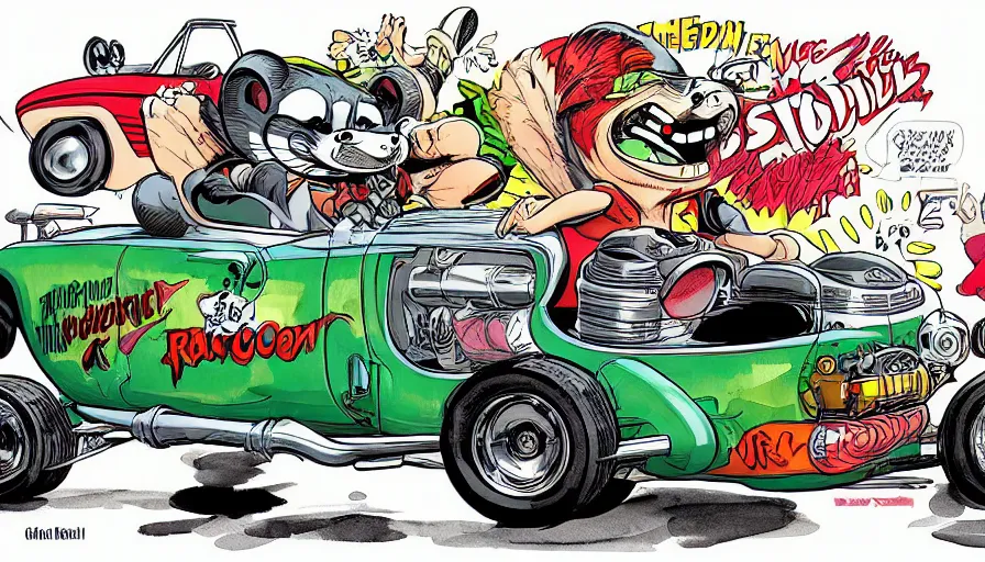 Image similar to funny, comic book style, racoon riding in a tiny hot rod coupe with oversized engine, ratfink style by ed roth, centered award winning watercolor pen illustration, by chihiro iwasaki, edited by range murata