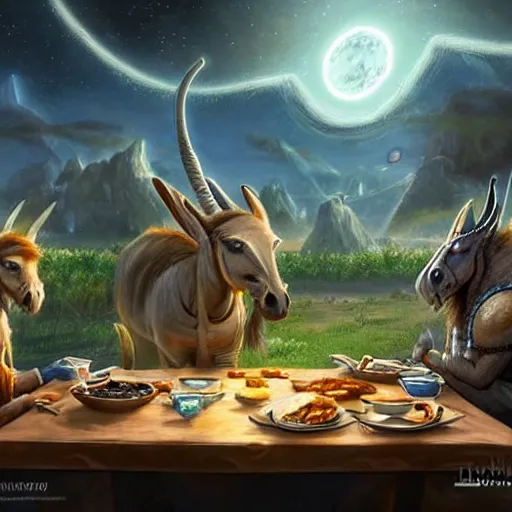 Image similar to ultrarealistic, ultradetailed, battle donkey eating breakfast, sitting on a futuristic table with aliens, at the end of the universe, very very very ultradetailed, epic fantasy style art, fantasy epic digital art, epic fantasy art, hearthstone style art