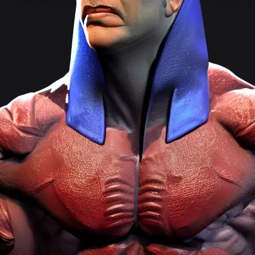 Image similar to muscular hero wearing a cobalt cape with a powershell logo on chest, skin texture, clothing, 3d sculpture, textured, fine detail, lifelike, photo, high resolution, octane render, post processing, after effects, trending on artstation