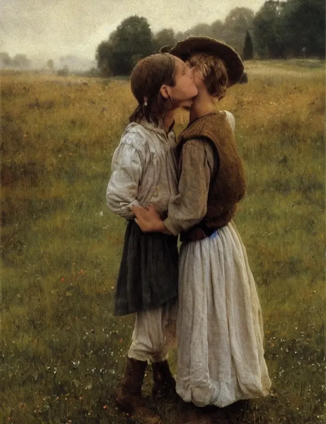Image similar to peasant boy and girl first kiss, on a village, Cinematic focus, Polaroid photo, vintage, neutral colors, soft lights, foggy, by Steve Hanks, by Serov Valentin, by lisa yuskavage, by Andrei Tarkovsky 8k render, detailed, oil on canvas