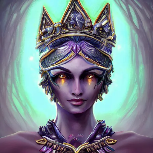 Image similar to Artemixel, the modern reincarnation of the old selenium god of hunt and moon, also known as Artemis or Selene, carrying the Crown of the Crescent Moon, wich has a bright and slightly bluish crescent like the brightness of the night. Portrait trending on Artstation, digital art, concept art