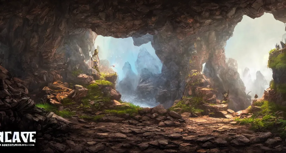 Image similar to An epic fantasy comic book style landscape painting of a thieves den hidden inside a cavern, unreal 5, DAZ, hyperrealistic, octane render, dynamic lighting