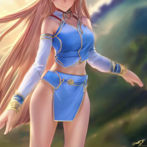 Image similar to a very beautiful young yuuki asuna, full body, long wavy blond hair, sky blue eyes, full round face,, shiny golden bikini, miniskirt, front shot, highly detailed, cinematic wallpaper by stanley artgerm lau