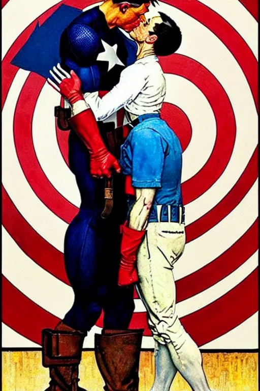 Image similar to norman rockwell painting of captain america kissing donald trump