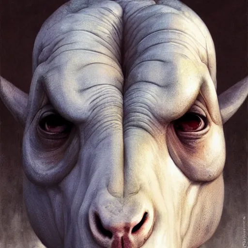 Image similar to vladimir putin, anthropomorphic bald prehistoric goat, vladimir putin hybrid, toothless, horror, macabre by donato giancola and greg rutkowski and wayne barlow and zdzisław beksinski, realistic face, digital art