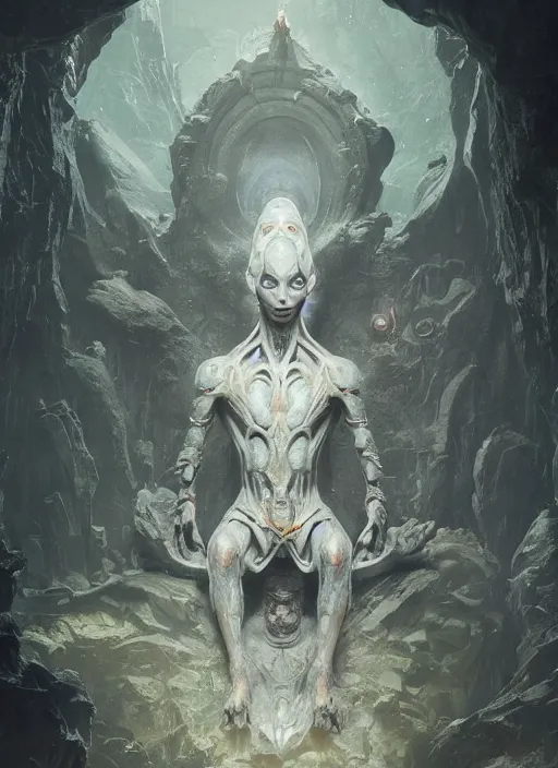 Image similar to hyper realistic photography of intricate symmetric strange alien child god sitting on ruined ornamented opal throne in a crystal cave detailed, greg rutkowski, mignola, moebius, artstation, cgsociety