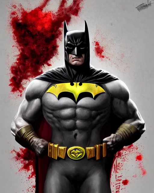 Prompt: character portrait of a muscular old batman with the batlogo in his chest made of blood, piercing bright red eyes, and pale skin, by greg rutkowski, mark brookes, jim burns, tom bagshaw, trending on artstation