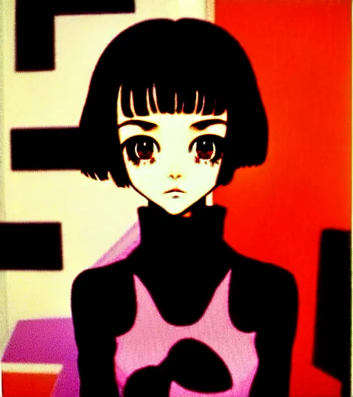 Prompt: girl with morbid thoughts wearing a black spring dress with short brown hair, queen of sharp needles and under the effect of psychosis, by Range Murata, Katsuhiro Otomo, Yoshitaka Amano, Andy Warhol.