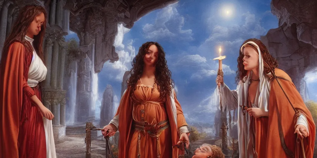 Image similar to holy pilgrimage of the blind pious beautiful young woman Michael Whelan by Jeff Easley photorealistic by Edmonia Lewis, cinematic, realistic faces, detailed, intricate dramatic lighting, establishing shot, 8k resolution