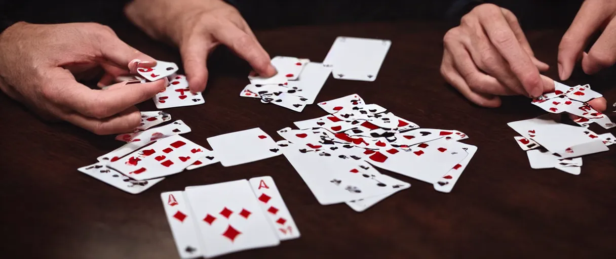 Image similar to a high quality color extreme creepy atmospheric wide dutch angle hd 4 k film 3 5 mm photograph of closeup of hands of caucasian men playing cards on a table with a full ashtray & cigarette smoke