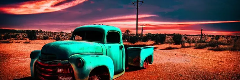 Image similar to a sunset light landscape with historical route 6 6, lots of sparkling details and sun ray ’ s, blinding backlight, smoke, volumetric lighting, colorful, octane, 3 5 mm, abandoned gas station, old rusty pickup - truck, beautiful epic colored reflections, very colorful heavenly, softlight