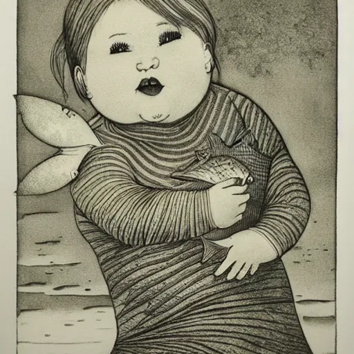 Prompt: the same style. the most beautiful little fat sweet girl is kissing a huge colorful cute fish. modern etching. colored print. hype realistic scene.