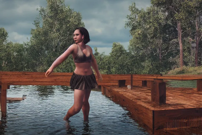 Prompt: girl swimming in a pond, weathered wooden dock, detailed, unreal engine, realistic, detailed, 8 k, diffuse lighting, cinematic