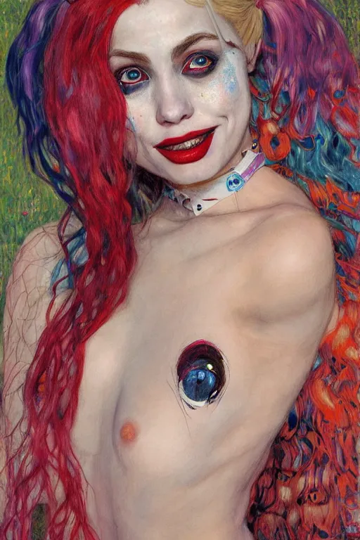 Image similar to portrait of beautiful young Harley Quinn maiden, highly detailed, artstation, illustration, art by Gustav Klimt