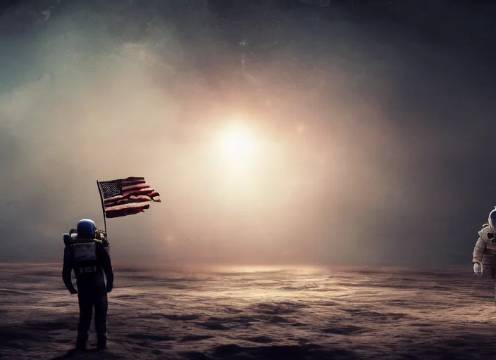 Image similar to astronaut holding a flag in an underwater desert. a submarine is visible in the distance. dark, concept art, cinematic, dramatic, atmospheric, 8 k, trending on artstation, blue, fish, low visibility, fog, ocean floor, christopher nolan, interstellar