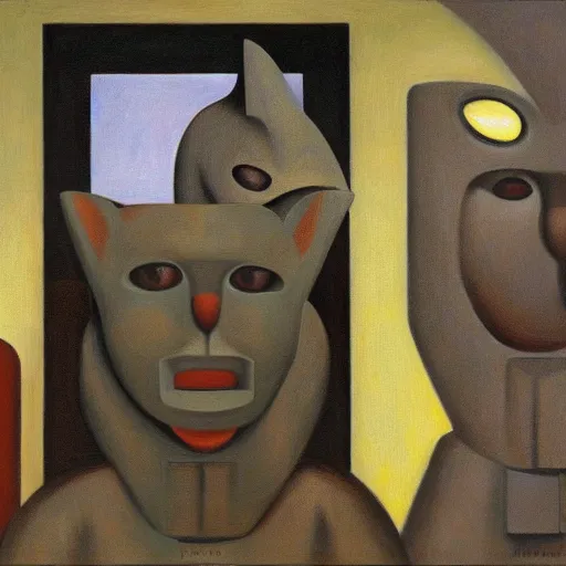 Image similar to three brutalist feline robots portrait, grant wood, pj crook, edward hopper, oil on canvas