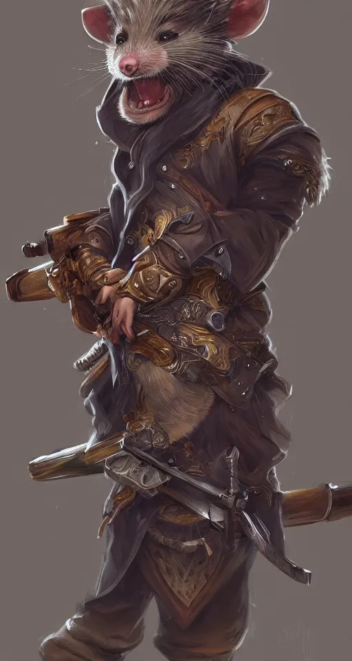 Prompt: a highly detailed illustration of one anthropomorphic rat wearing a long coat holding a wooden shotgun, dramatic standing, intricate, elegant, highly detailed, centered, digital painting, artstation, concept art, smooth, sharp focus, league of legends concept art, wlop