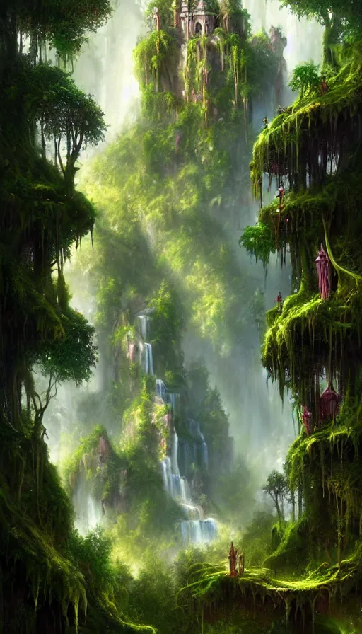 Image similar to fairy palace, castle towers, waterfall of gold and gems, gnarly trees, lush vegetation, forest landscape, painted by tom bagshaw, raphael lacoste, eddie mendoza, alex ross concept art matte painting