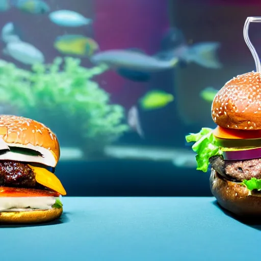 Prompt: a juicy hamburger in a giant aquarium filled with coke, 8 k resolution, studio lighting, sharp focus, professional food photography, hyper - detailed