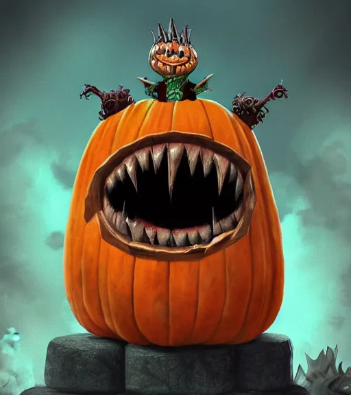 Image similar to a tim burton design of a weird king creature made of pumpkin, wearing a robe, giant and fat, laughing, sitting on a stone throne, detailed game art illustration, menacing carved facial expression, creepy lighting, dynamic pose, 4 k artstation, masterpiece