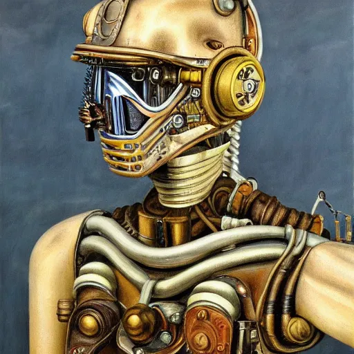 Image similar to high quality high detail painting by lucian freud, hd, portrait of scifi robot, steampunk