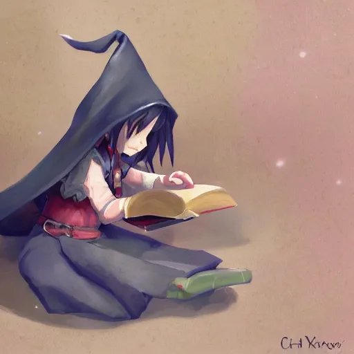 Image similar to little witch opening a book, artwork by cushart, krenz