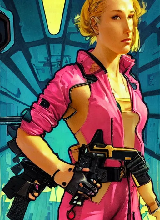 Image similar to beautiful cyberpunk female athlete wearing pink jumpsuit and firing a futuristic yellow belt fed automatic pistol. poster for pistol. cyberpunk ad poster by james gurney, azamat khairov, and alphonso mucha. artstationhq. gorgeous face. painting with vivid color, cell shading. buy now! ( rb 6 s, cyberpunk 2 0 7 7 )