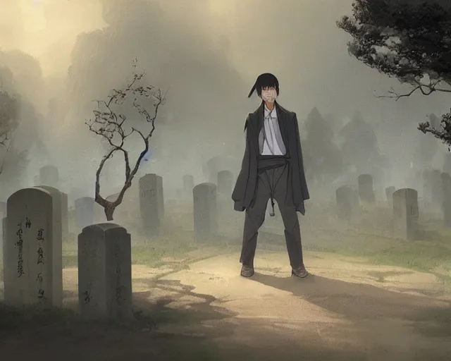 Prompt: a 50 year old brunnete chinese man Standing at a funeral in a cemetery next to the grim reaper, horror scene, dramatic, anime art, Greg Rutkowski, studio ghibli, dramatic lighting