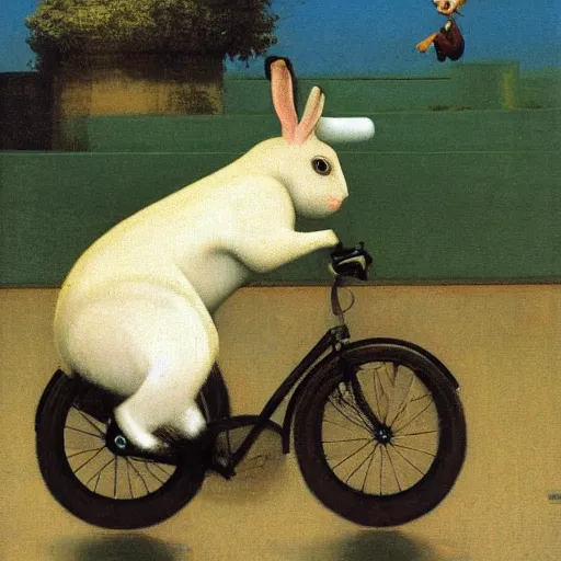 Image similar to a rabbit is chasing a car on a bicycle, by michael sowa.