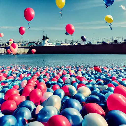 Image similar to photo of a lot of birthday balloons floating above a beautiful maritime port in bretagne. sharp focus, highly - detailed, award - winning, epic cinematic