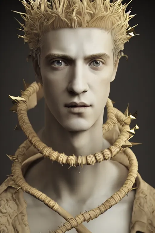 Prompt: a realistic porcelain baroque style sculpture of handsome young seductive Spanish prince with a spiky hair, wearing a crown made out of woven pipe cleaners, floating in outer space, photorealism, octane render, depth of field, 8k, 35mm, artgem, Trending on artstation