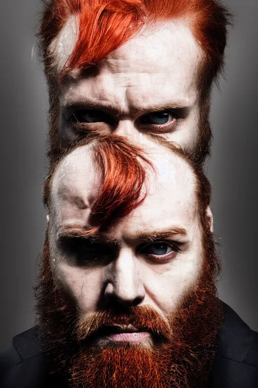 Prompt: man with a third eye in his forehead, a mad scientist with a third eye and wild red hair and beard slightly balding, high resolution film still, 4 k, hdr color