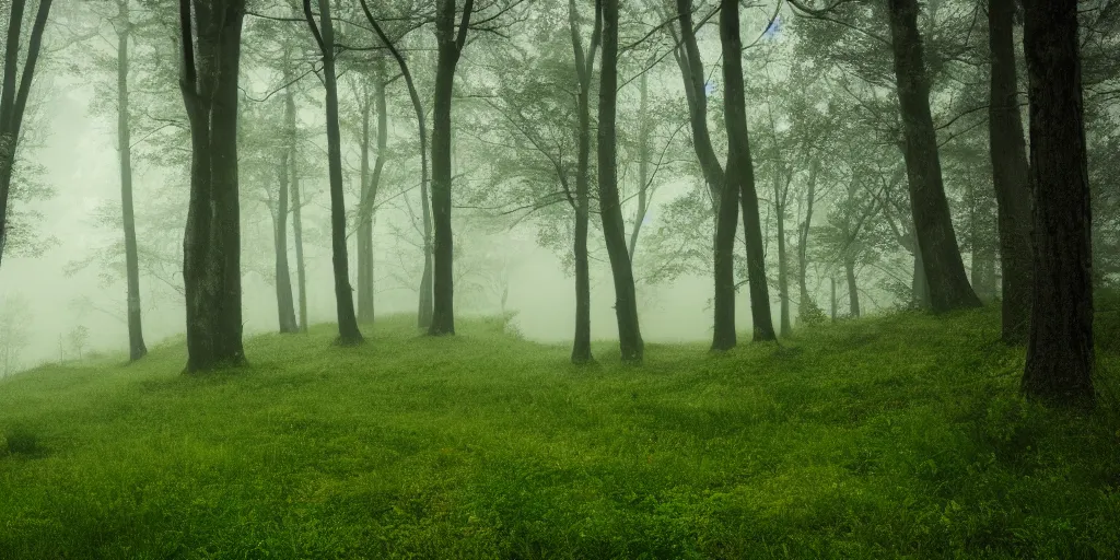 Image similar to calming fog over the woods on a mountain, green, photorealistic