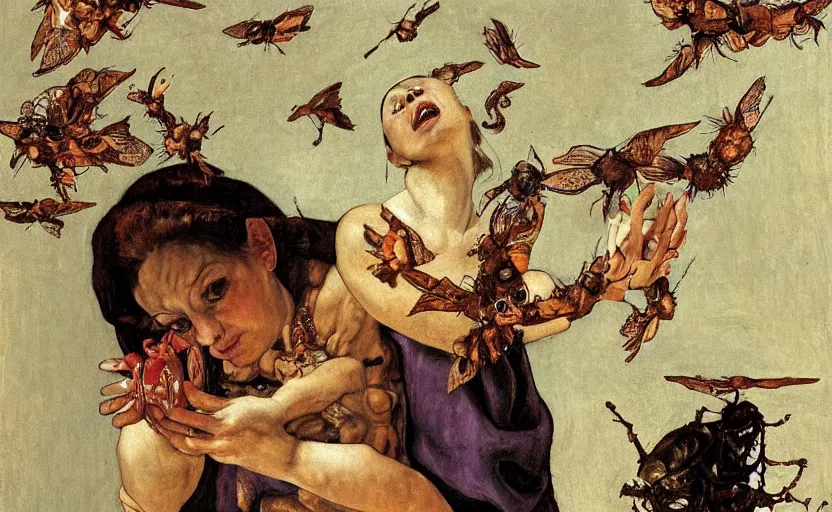 Prompt: a painting of pandora opening her jar, releasing monsters and critters that impersonate sickness and death, misery, she is fully dressed, her face is beautiful, in the style of realism and a masterpiece by artemisia gentileschi, artemisia gentileschi, james jean, and egon schiele, critters flying around, the jar is clearly visible