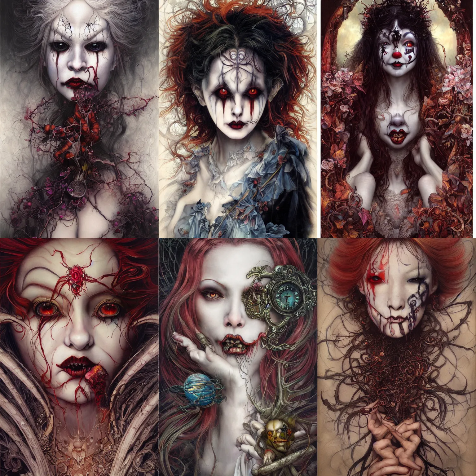 Prompt: realistic detailed painting of creepy clown girl, Ayami Kojima, Amano, Charlie Bowater, Karol Bak, Greg Hildebrandt, Jean Delville, and Mark Brooks, Art Nouveau, Neo-Gothic, gothic, rich deep colors